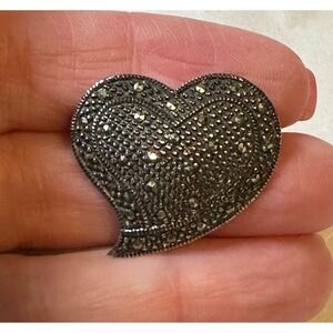 Vintage Sterling Silver & Marcasite Heart Shaped Pin